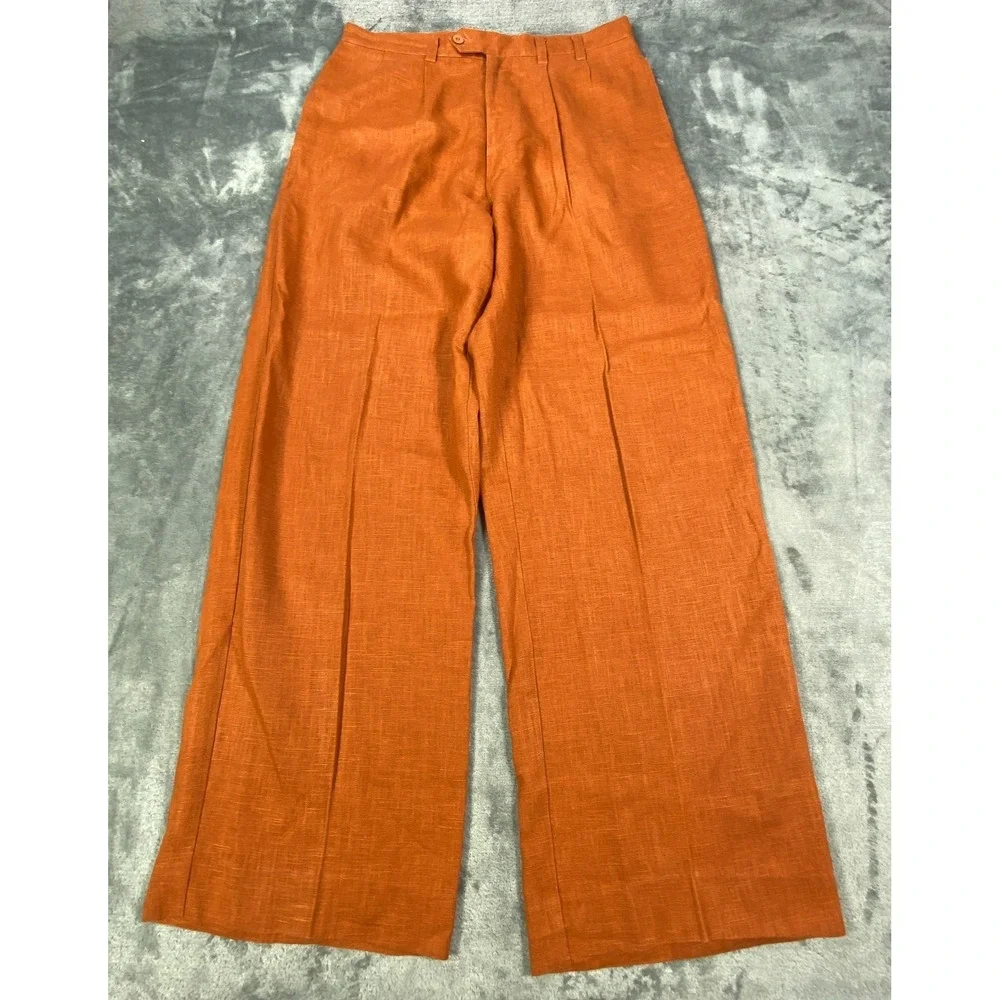 Mens 100% Linen Pants Sz 32x31 Wide Leg High Waist Straight Trouser Burnt Orange